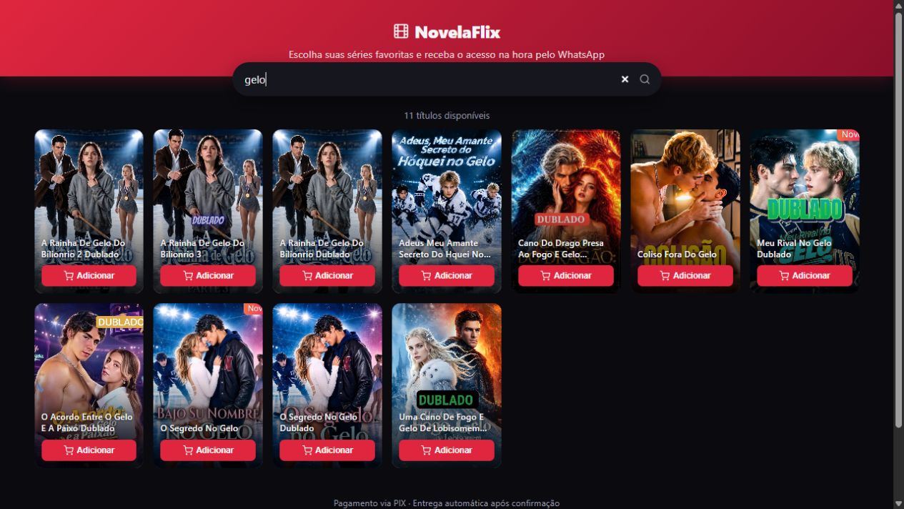 Captura real do catálogo da NovelaFlix no ZapFecha, exibindo busca por título, capas e botões de seleção.